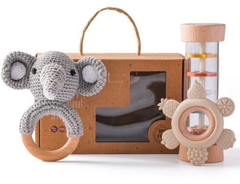 Baby Rassel Set 0 3 6 9 Monate - 3 Stück Baby Rassel Beißring Set mit Gehäkelte Babyrassel und Holzspielzeug, Montessori Spielzeug ab 0-12 Monate Neugeborenen Geschenke (Regenmacher - Elefant)