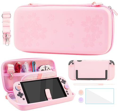 FANPL Case Bundle for Nintendo Switch 2 Accessories, Carrying Cover for Switch 2 and JoyCon Controller with Hard Protective Skin and Screen Protector, 4 Thumb Grips, Shoulder Strap (Sakura Pink)