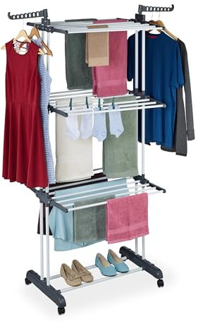 Relaxdays Wäscheständer, ausklappbare Flügel, HBT: 173 x 126 x 64 cm, Metall, rollbarer Turmwäscheständer, weiß/grau