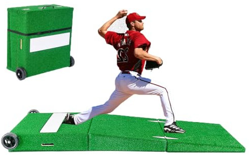Foldable Pitching Mound with Wheels, Portable Baseball Pitchers Mound Set for Indoor/Outdoor Use, Artificial Turf & Rubber Strip