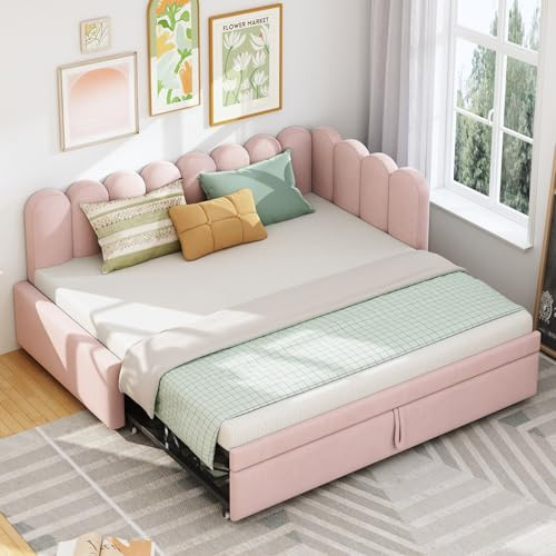 Polsterbett Schlafsofa, 2-in-1 Multifunktions Bettgestell mit Lattenrost, L-förmiges Gästebett Daybett Tagesbett, Ecksofa, 2-Sitzer, Einzelbett mit Ausziehbett, Samtrosa Polsterbett,Pink-90cm*200cm