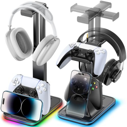 OIVO VGA DESIGN Supporto Cuffie e Joystick da Scrivania Regolabile in Altezza, Supporto Cuffie Gaming Ruotabile con Supporto per Cellulare e Dual Controller, Accessori Gaming, Versione RGB