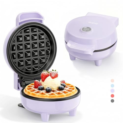 YASHE Mini Waffeleisen 550W, Antihaft-Waffelmaschine, Lila | Kompakt für Frühstück, Desserts und Snacks; Kontrollleuchte, Cool-Touch-Griff und antihaftbeschichtete Platten