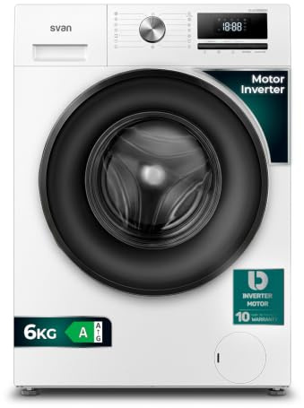 Svan Lavadora 6 kg Carga Frontal, Blanco, OL62ADW00. 1600W, 1200 rpm, Motor Inverter, 15 Programas, Función Stop&Go, Tambor Acero Inoxidable, Clase de Eficiencia Energética A
