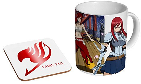 mugmart Keramik-Kaffeetasse + Untersetzer, Motiv: Erza Scarlet Fairy Tail Anime, 325 ml, Zylindrisch, Klassiker, Spülmaschinenfest, weiß, rund, Tasse, Kaffeetasse-Set