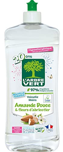 L'Arbre Vert Vaisselle Mains Ecolabel Amande Douce & Fleurs D'Abricotier - Hypoallergénique - 97% d'ingrédients d'origine naturelle - 750mL