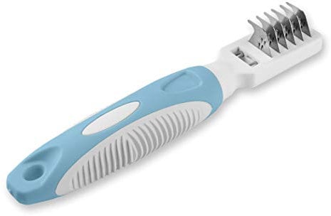 Pets First Professional Pet Mat Remover - Dematting Tool for Grooming Cats & Dogs - Removes Matted Fur, Tangles, Knots, Loose Hair & Dirt - Stainless Steel, Gentle Teeth,Blue,7 x 1 inches
