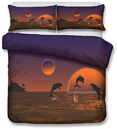 Bettwäsche Set Delfin Muster 3D Ozean Blau Himmel Regenbogen Sonnenaufgang Wolken Landschaft Bettbezug und Kissenbezug 80x80 cm, Bettwäsche für Kinder Junge Mädchen (D,Einzelbett 135x200 cm)