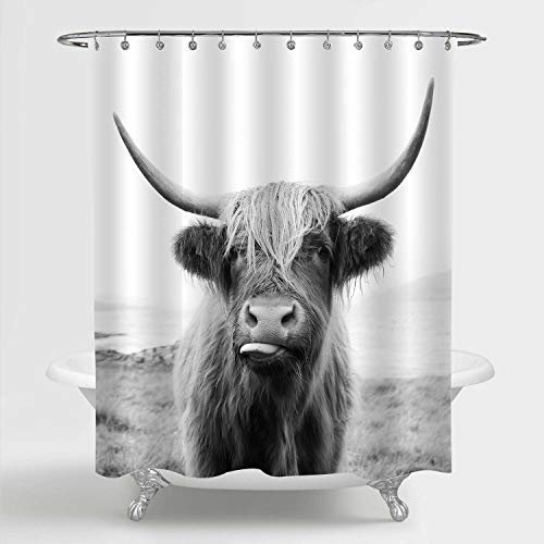 MitoVilla Highland Cow Duschvorhang Set mit Haken für die Western Badezimmer Dekor, Niedliches Wildtier Portrait Zubehör, Kuh Geschenke Frauen, Männer, Kinder und Liebhaber, Schwarz, Weiß, 72x72