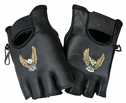 EURO STARS Biker Fingerlose Adler Lammleder Handschuhe Schwarz, Motorcycle Fingerless Leather Gloves (M, Schwarz)