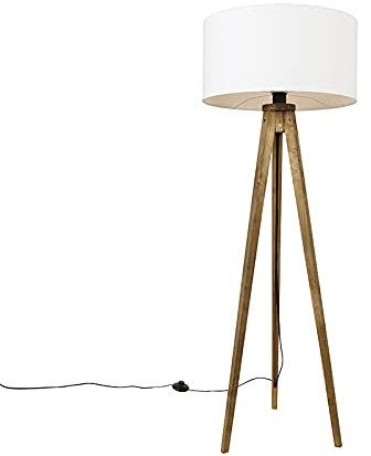 Qazqa - Landhaus I Vintage Ländliches Stativ Vintage Holz mit weißem Schirm 50 cm - Tripod I Dreifuß Lampe I Dreifuss Classic I Wohnzimmer I Schlafzimmer - Rund - LED geeignet E27