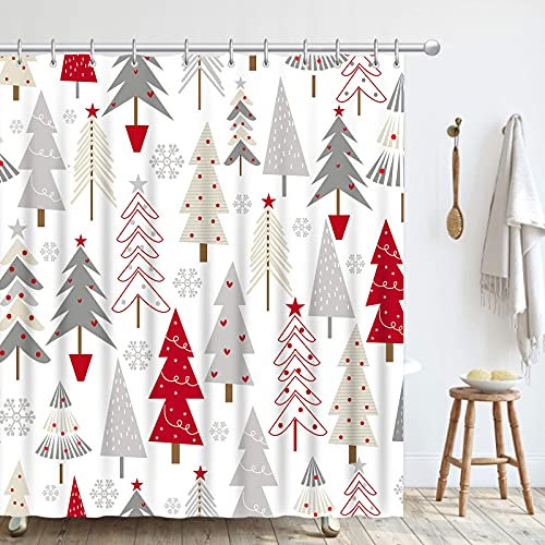 GOOESING Tenda da doccia di Natale, disegno a mano albero di Natale tessuto decorazione bagno con ganci per la casa di vacanza