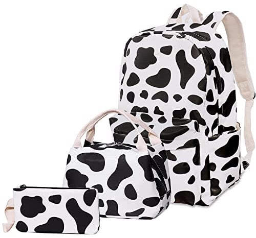 Rucksack Schule Mädchen, Schulrucksack mit Kühltasche Federmäppchen für Teenager (Kuhdruck)