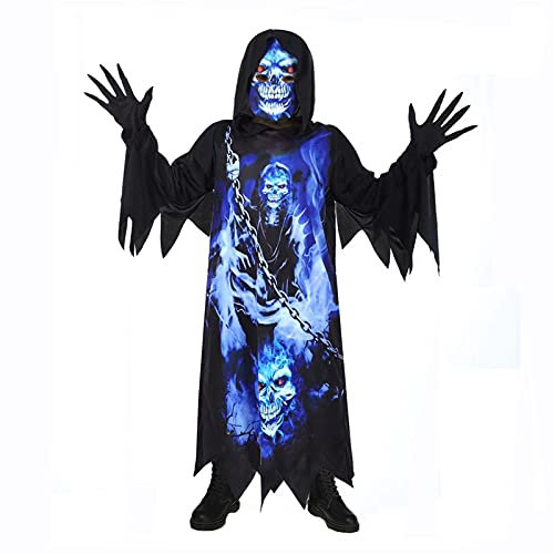 Sincere Party Il costume da Triste Mietitore Grim Reaper per bambini,Fantasma dell'oscurità,Veste nera spettrale con guanti spettrali,Maschera stampata 6-8 anni.