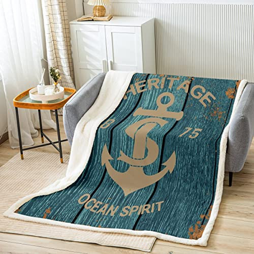 Nautische Anker Decke Ozean Thema Überwurfdecke für Bett Couch Denim Blue Board Fleece Decke 229 x 229 Vintage Sailing Spirit Sherpa Decke Sea Adventure Fuzzy Decke Schlafzimmer Dekor im Retro Stil