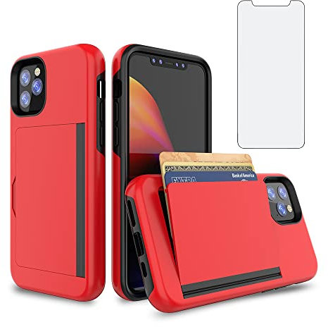 Asuwish Phone Case for iPhone 11 6.1 with Tempered Glass Screen Protector Cover and Credit Card Holder Stand Slim Hybrid Cell Accessories iphone11case iPhone11 i Phone11 11s XI 11R Women Men Red