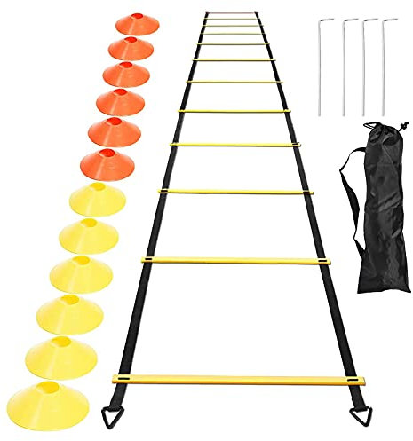 Vrttlkkfe Sports Speed Agility Set 12 Disc Cones 4 Steel Stakes and Agility Ladder for Basketball Rugby