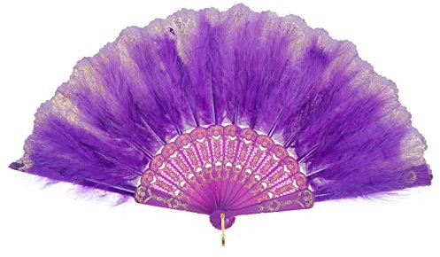 MWOOT Marabou Federfächer, 1920er Jahre Vintage Faltbar Handheld Handfächer, 20er Jahre Gestickte Blume Folding Feather Fan für Hochzeit Halloween Tanzen Show Tee Party Kostüm Dekoration - Lila
