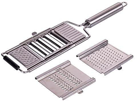 Galileo Casa 5910674 3-in-1 Edelstahl Reibe mit 3 austauschbaren Klingen für verschiedene Schneidarten, Silber