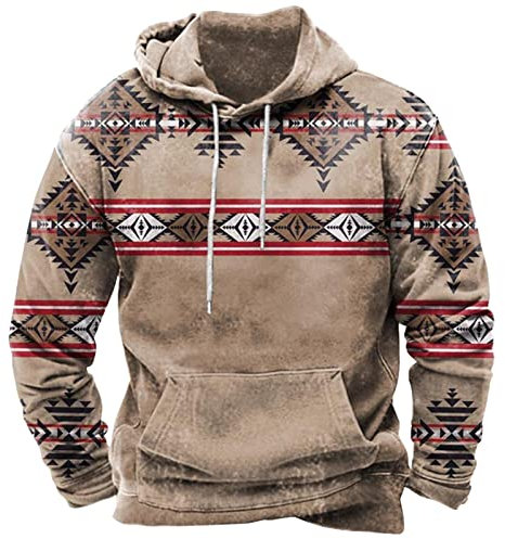 AMhomely Mens Hoodies Sweatshirt Long Sleeve Ethnic Aztec Graphic Tee Drawstring Hooded Top With Pocket Vintage Pattern Print Pullover Autumn Spring Grey XXL