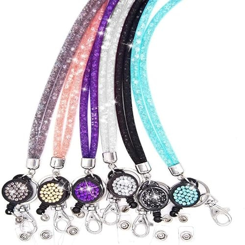 Beautywen Kristall-Schlüsselband, 6er Set, Glitzernd, mit einziehbarem Ausweishalter und Schlüsselanhänger, Nylon, Klassisch, Einfarbig mit Glitzer