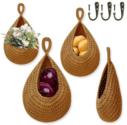 QD-Udreamy Obstkorb Hängend Wand für Küche, Boho Fruit Basket Hängender Obstkorb Hängende Körbe Küche, Küche Körbe Hängekorb Zwiebel Hängekorb für Organisation