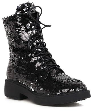 Stivali Combattimento Eleganti Paillettes Glitterati Donna Comodi Stivaletti Stringati Tacco Basso e Grosso Stivaletti Punta Tonda Festa di Nozze Paillettes di Lusso,Nero,40 EU