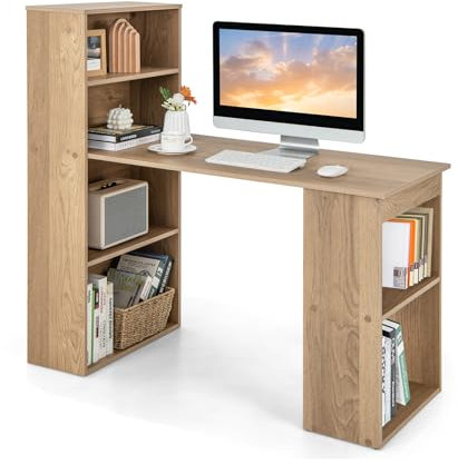 COSTWAY Scrivania per Computer con Libreria, Scrivania Salvaspazio Moderna con 6 Ripiani e Base Ampia, Scrivania Porta PC Moderna per Casa e Ufficio, 122 cm x 51 cm x 122 cm (Naturale)