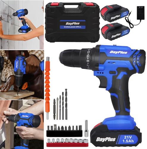 21V Taladro Atornillador Batería Kit, Taladro Atornillador Electrico con 2x1,5Ah Baterías, 26Pcs Kit Destornillador Eléctrico, 42Nm Máx Trompo de Bateria, 25+1 Ajuste de Par, 2 Velocidad, LED Luz