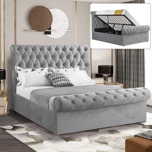 Grey Velvet Ottoman Bed Frame with Mattress Included, Gas Lift Up Bed Upholstered King Size Bed, Wooden Slats Space Saving UKFR Bed Frame with Storage, 5ft Grey King