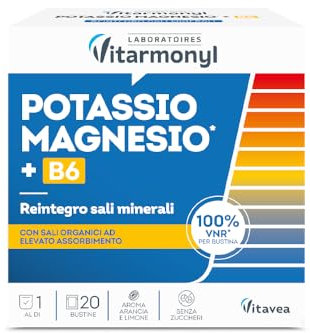 Potassio e Magnesio - Con Vitamina B6 - Contro Stanchezza e Affaticamento - Contro Crampi Muscolari, Recupero Post Allenamento - 20 Bustine Gusto Arancia e Limone - Vitarmonyl