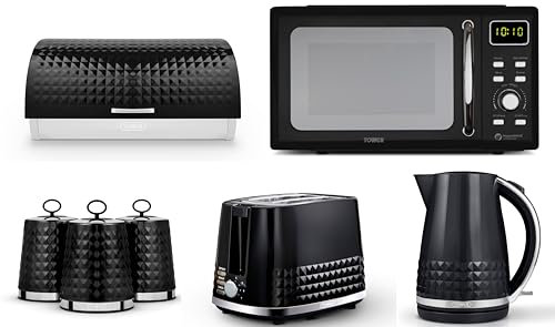 Tower Solitaire Black 1.5L 3KW Jug Kettle, 2 Slice Toaster, T24041BLK 800W 20L Digital Microwave, Bread Bin & Canisters Set. Matching Modern Design Kitchen Set of 7 in Black with Chrome Accents