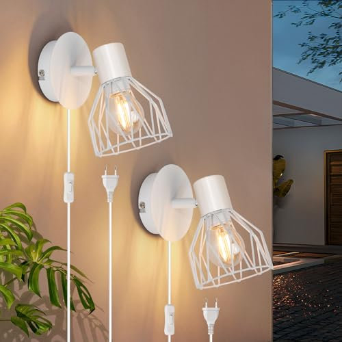 Kimjo Aplique pared Interior - Apliques pared Dormitorio con Enchufe e Interruptor - Lampara pared Blanco E14 Aplique Mesita de Noche 2 Piezas