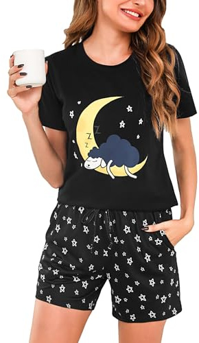Aseniza Schlafanzug Damen Kurz Pyjama Baumwolle Shorty Set Kurzarm Nachtwäsche Frauen Loungewear Zweiteiliger Schlafanzüge Sleepwear für Sommer