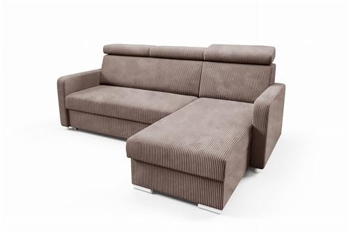 LIKMA Braun Ecksofa Mako mit Schlaffunktion und Bettkasten, 213 cm x 100 x 165 cm, Sofa L-Form, Schlafsofa, Verstellbare Kopfstützen, Wohnlandschaft, Schlafcouch Stoff: Anafi 06