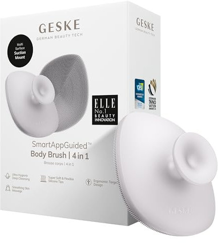 GESKE Body Brush | 4 in 1 | Spazzola detergente per tutto il corpo | Pulizia profonda professionale | Morbide setole in silicone | Design ergonomico per presa a due dita | Deterge/massaggia