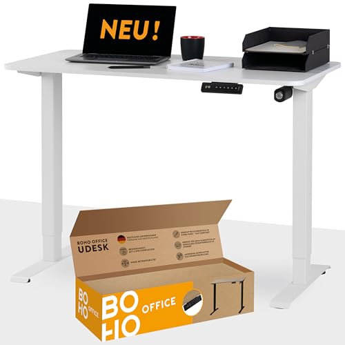 boho office® Elektrisch höhenverstellbarer Schreibtisch - 4 Speicher, inkl. Wireless Charger und FSC-zertifizierter Tischplatte mit abgerundeten Ecken, UDESK Weiß/Weiß