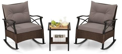 COSTWAY 3tlg. Gartenmöbel Set, Balkonmöbel aus PE-Polyrattan, Balkonset inkl. 2 Schaukelstühle mit Kissen & Tisch, Terrassenmöbel, Gartengarnitur, Sitzgruppe für Garten, Balkon, Terrasse