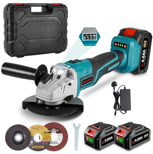 Battery Angle Grinder Cordless Power Tools - 125 mm Angle Grinder 8500 RPM Brushless Motor Metal Grinder, with 3 Saw Blades Cutting Discs (Incl. 2 Batteries)