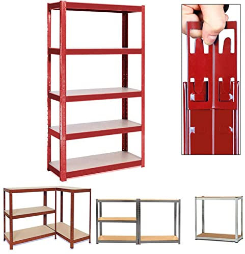 Schwerlastregal – 180 cm hoch, 90 cm breit, 40 cm tief, 5 Etagen, Metall-Garagen-Schuppen, Lagerregale 875 kg – schraubenlose Installation und verstellbares Layout-Regal, rot