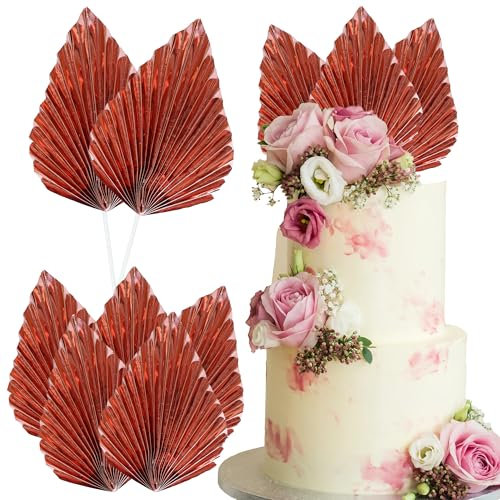Ephlyn 6Pcs Paper Palm Leaf Fan Cake Toppers - Cake Picks Craft DIY Palm Spear Leaves Cake Decorations for Wedding Birthday Party Supplies Bright Rose Gold
