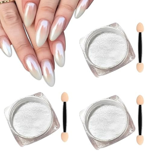 CPJJ 3 Stück Weiße Perle Chrom Nagelpuder Chrome Nail Powder Transparent Aurora Ice Shimmer Chrome Pigment Pulver für Nägel DIY-Salon