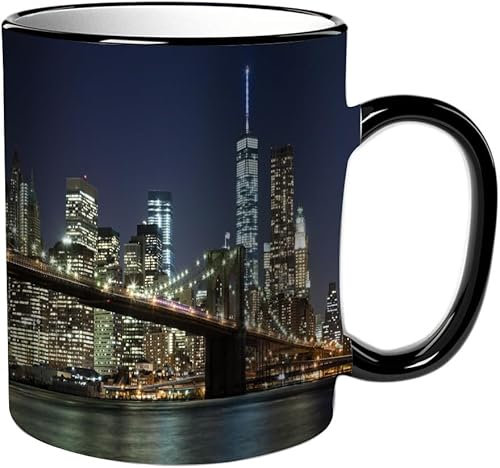 KDWJS Tasse Keramik Kaffeetassen Große 11oz Tassen 330ml Trinkgläser Mit Griff Personalisierte Geschenk Weiß,Brooklyn Bridge New York mit Skyline von Manhattan in der Abenddämmerung