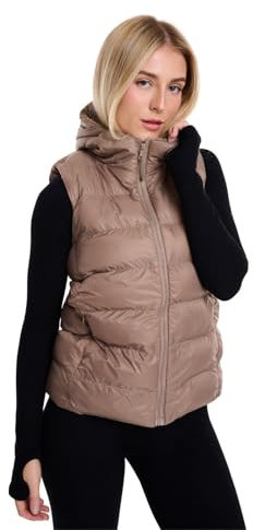 Spindle Womens Plain Black Hooded Gilet Body Warmer Padded Sherpa Borg Lined Zip Up Gilet Vest Basic Bodywarmer Short Sleeveless Jacket Zip Pockets Coffee L