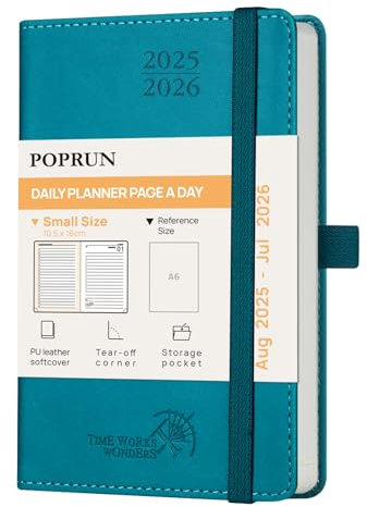 POPRUN Tagesplaner 2025 2026 16 x 10,5 cm, Tageskalender A6 1 Tag 1 Seite (Montag - Sonntag), Terminplaner (Aug.2025-Jul.2026) Softcover mit PU-Leder - Pazifikgrün