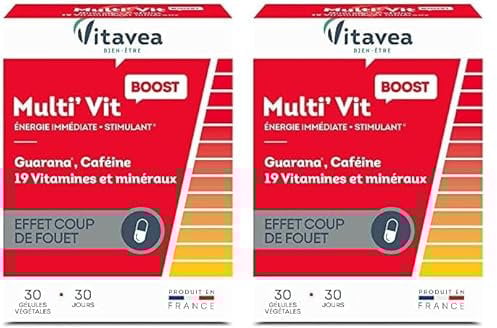 Vitavea - Multi'Vit BOOST - Complément Alimentaire Energie - Stimulant, Effet coup de fouet - Caféine, Guarana, Vitamine C et D, Magnésium, Zinc - 30 gélules - Cure 1 mois - Fabriqué en France