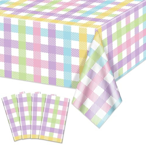 Lot de 4 nappes pastel, 137,2 x 218,4 cm, pour printemps, Pâques, motif à carreaux pastel, dégradé de couleurs, nappe en plastique pour arc-en-ciel, Pâques, anniversaire, enterrement de vie de jeune