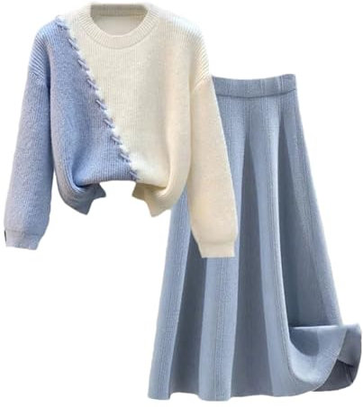 Zweiteiliges Strickset für Damen, lockerer Rundhalspullover + A-Linie, halbes Kleider, 2-teilig, XXL