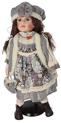 Keyhomestore -Puppe aus Porzellan 46 cm mit grau-weißem Blumen-Kleid, liebevolle Gesichtsdetails, Standfuß inklusive – elegante Heimdekoration, Geschenkidee und Sammlerstück