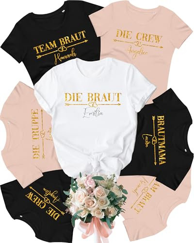 JGA T-Shirt Frauen für Braut und Team Crew Mama Trauzeugin, Junggesellinnenabschied Damen Tshirt personalisiert mit Namen weiss schwarz rosa weiß, Outfit Motiv Set Herz Diamant Trauringe Glitzer